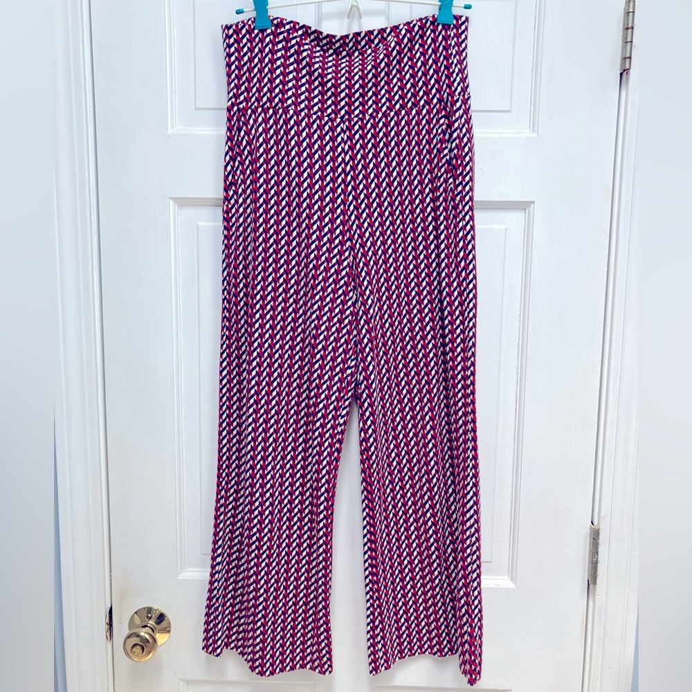 CAbi Kelly Wide Leg Crop‎ Pants Size Small Red Blue Geometric